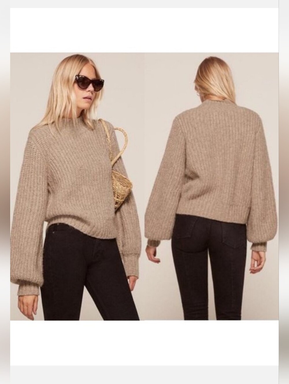 Doen Ribbed Cowl-Neck Balloon-Sleeve Sweater in Taupe